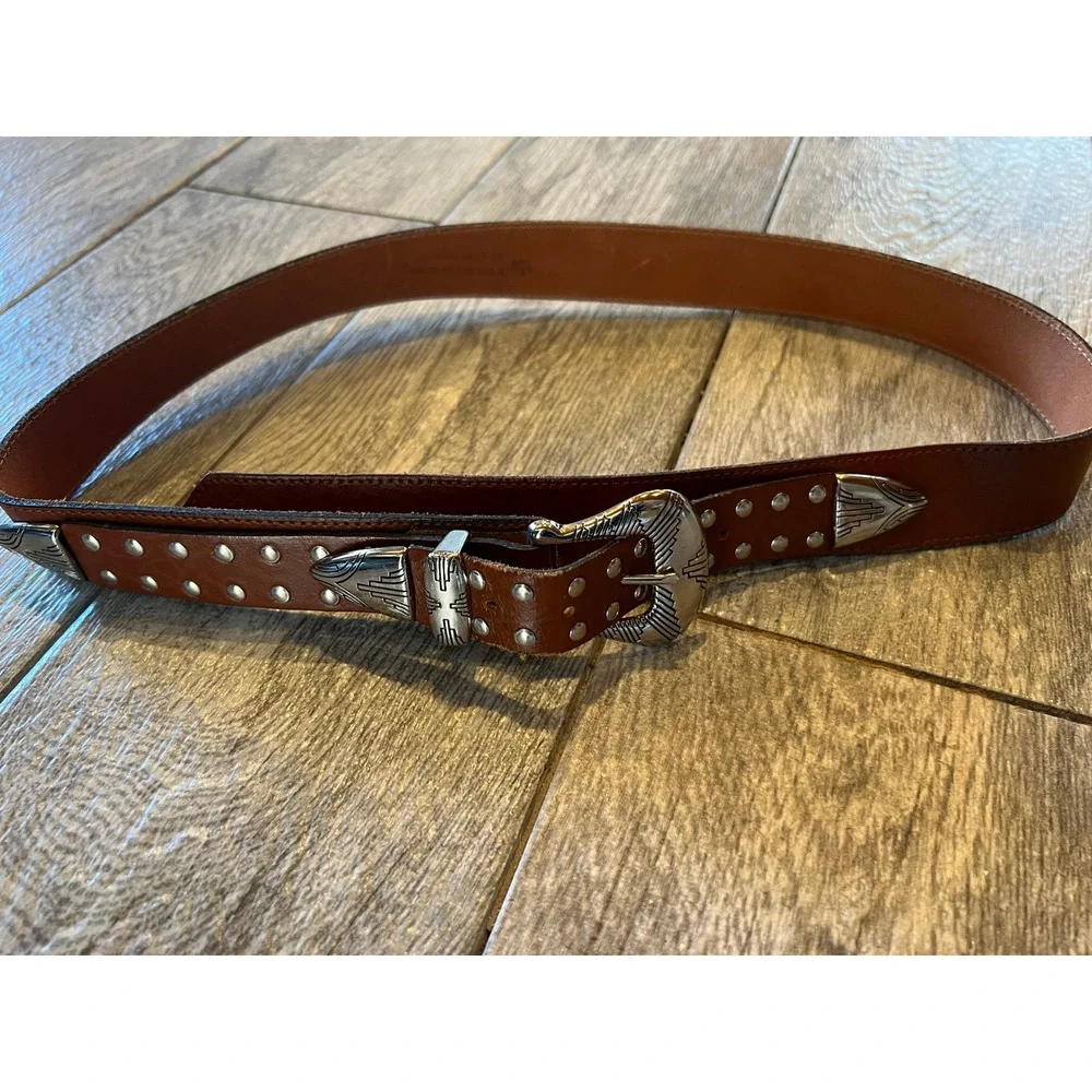 Genuine Leather Western Studded Belt Medium Large Brown Engraved‎ Buckle USA